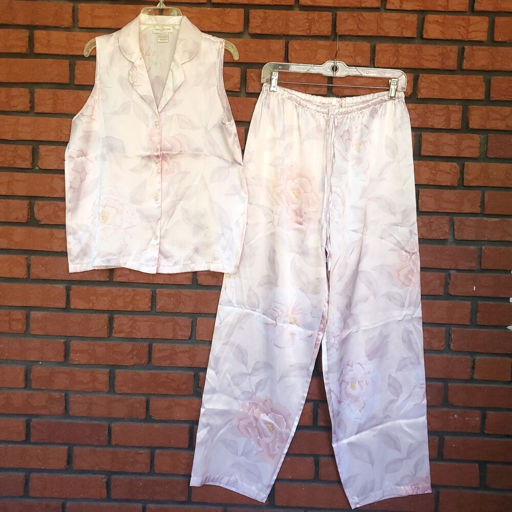 Jones New York 2 Piece Satin Pajama Set Womens M Pink Floral Top Pants Luxury
